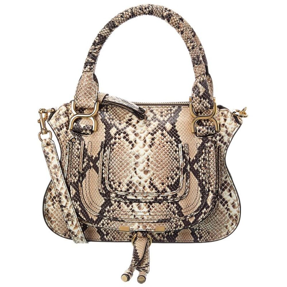 Chloé Marcie Small Snake-Embossed Leather Satchel, Beige